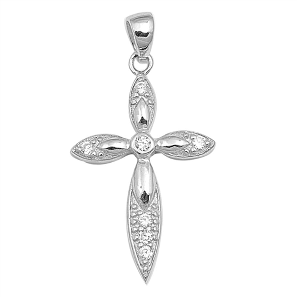 Sterling Silver Traditional Pointed Studded Cross Pendant Clear Rhinestone Charm