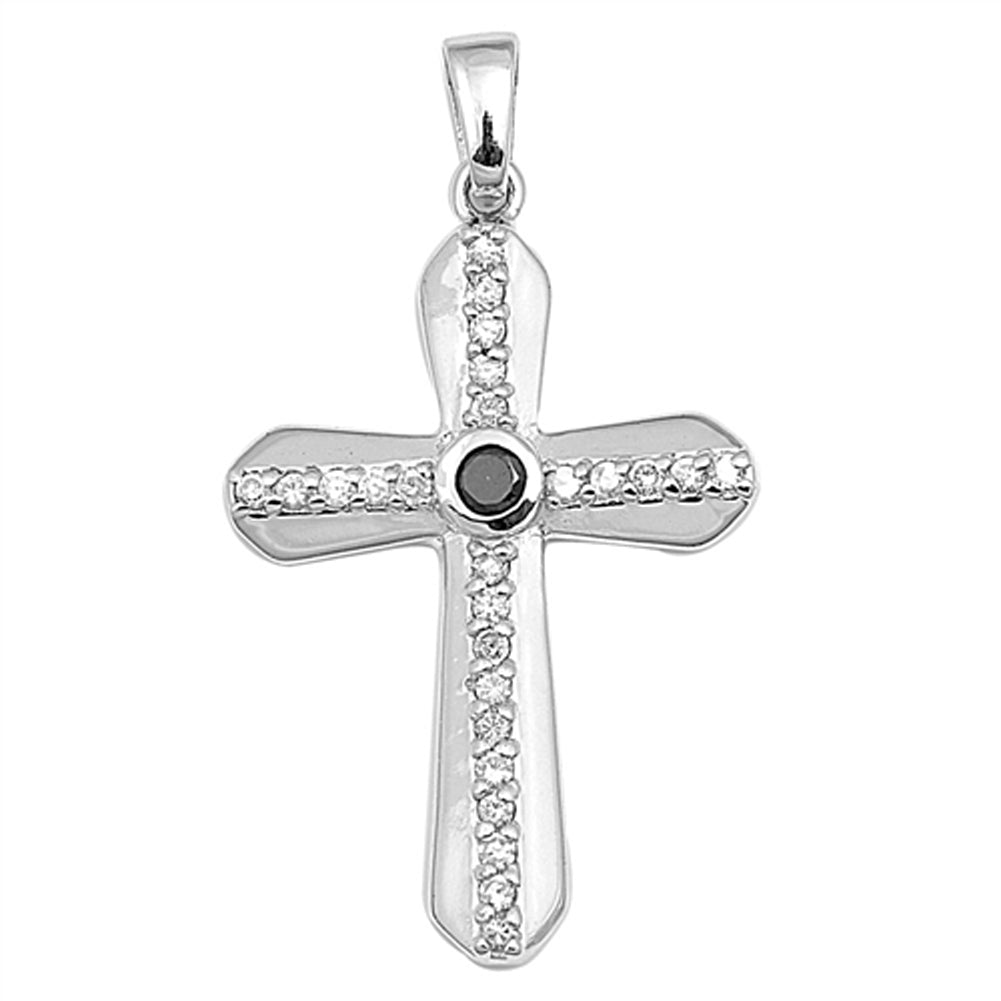 Sterling Silver Modern Cross Pendant Black Simulated CZ Clear Simulated CZ Charm