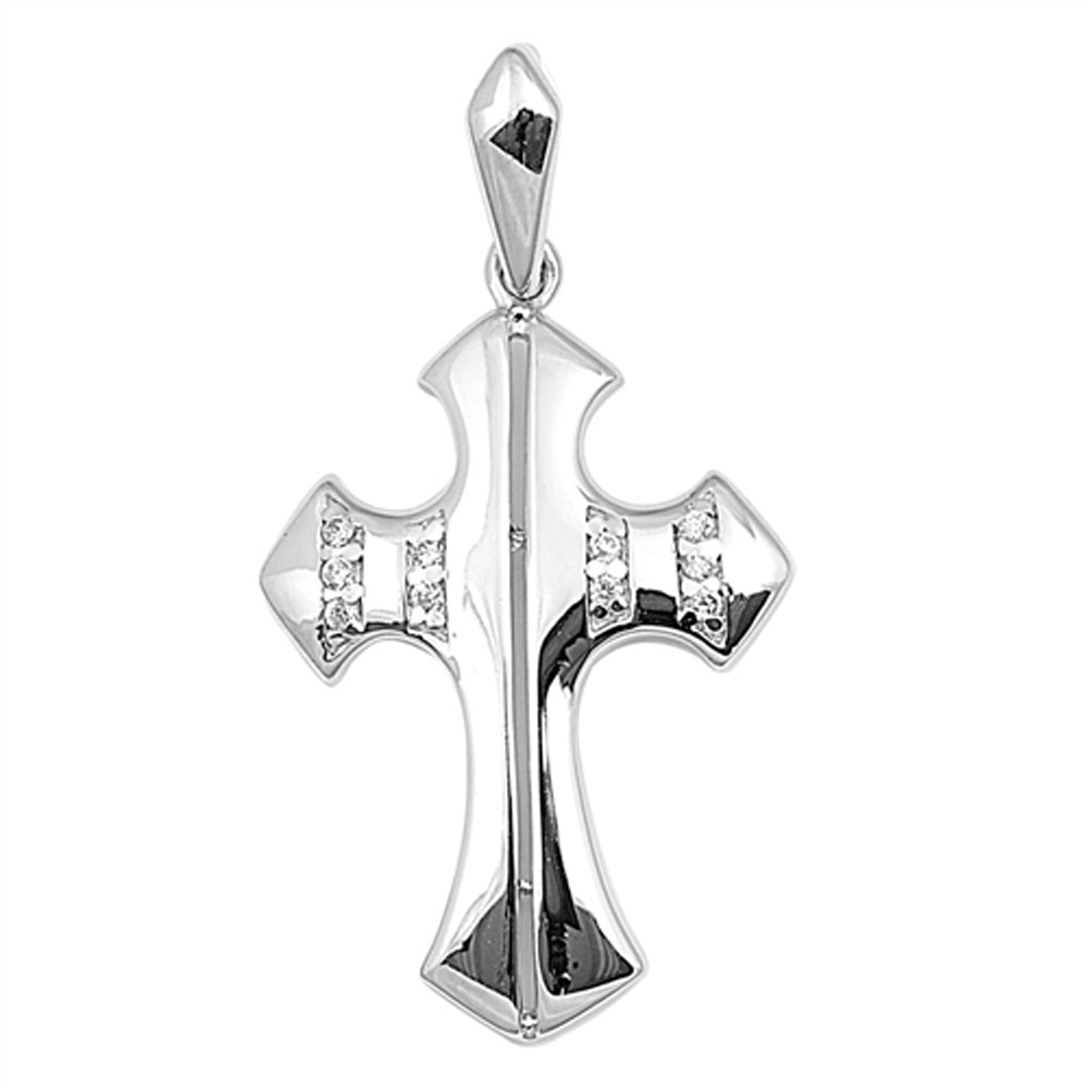 Sterling Silver Studded Unique High Polish Cross Pendant Clear Rhinestone Charm