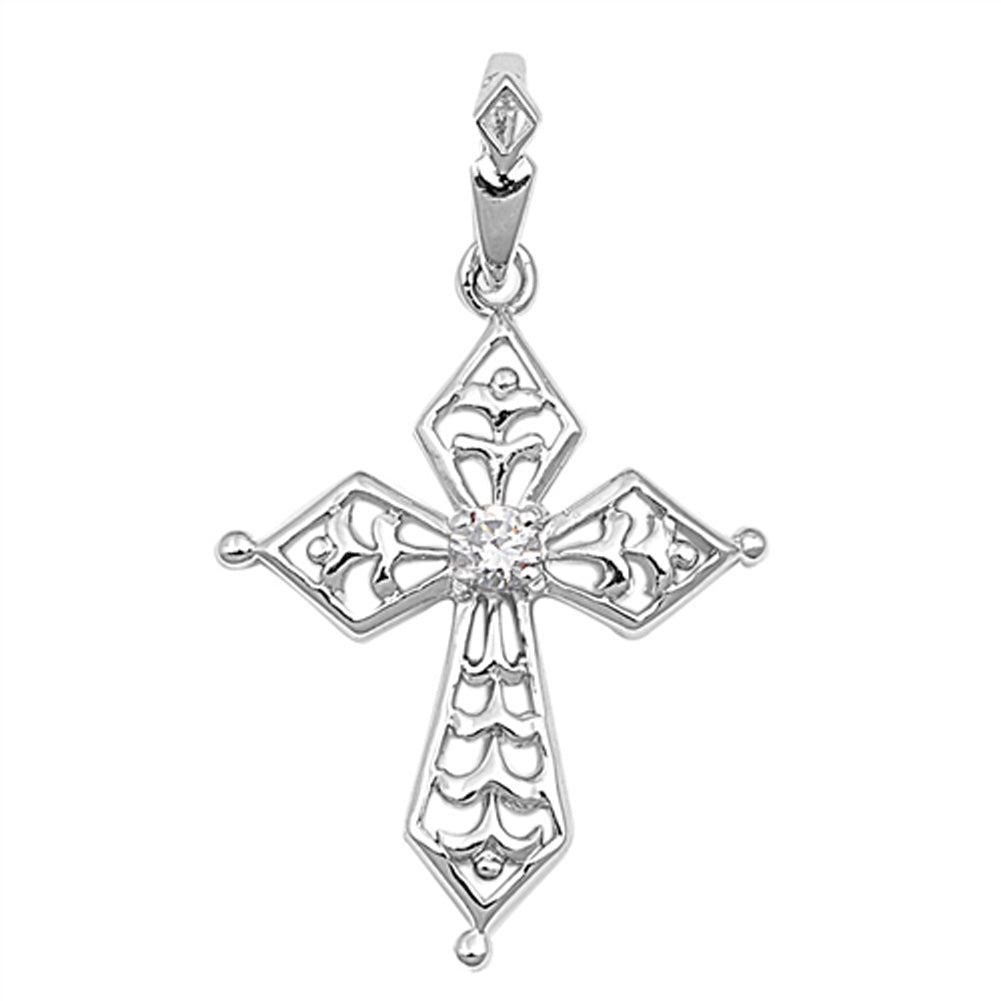 Sterling Silver Bead Pointed Filigree Swirl Cross Pendant Clear CZ