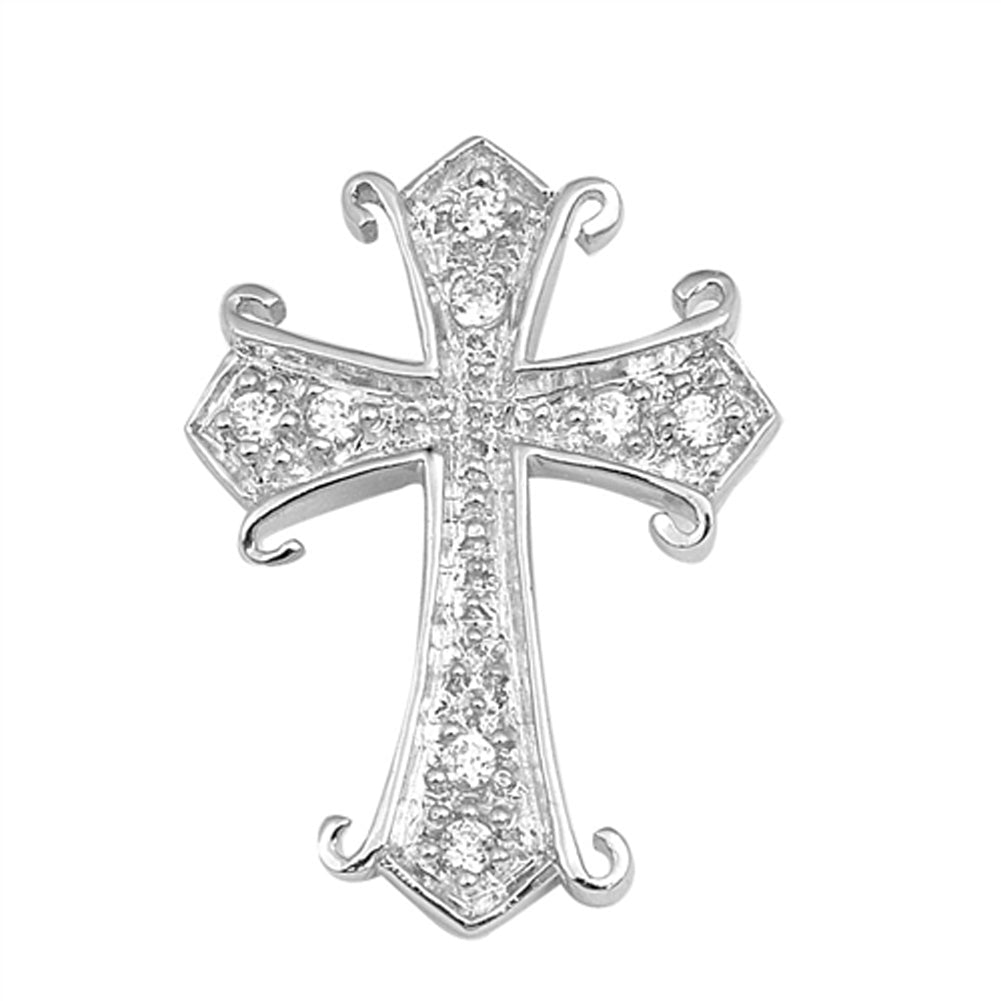 Sterling Silver Pointed Filigree Swirl Cross Pendant Clear Simulated CZ Charm