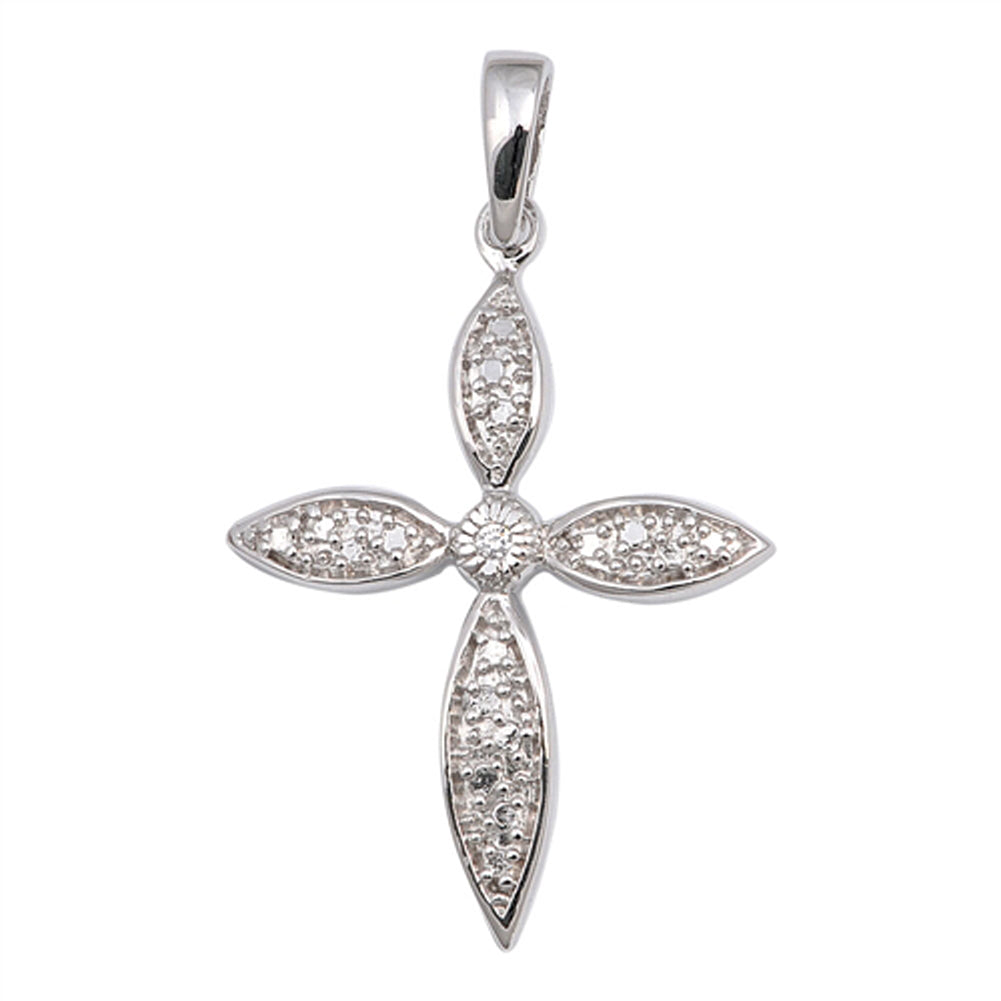 Sterling Silver Studded Delicate Flower Cross Pendant Clear Simulated CZ Charm
