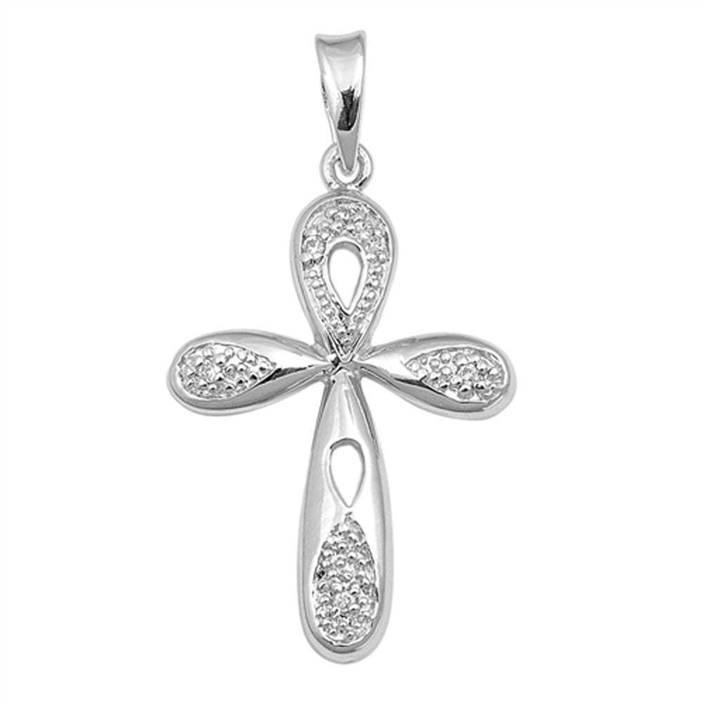 Studded Ankh Cross Pendant Clear Simulated CZ .925 Sterling Silver Life Charm