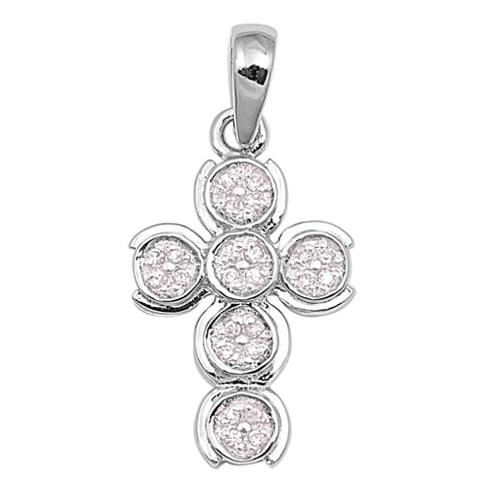 Small Chunky Circle Cross Pendant Pink Simulated CZ .925 Sterling Silver Charm