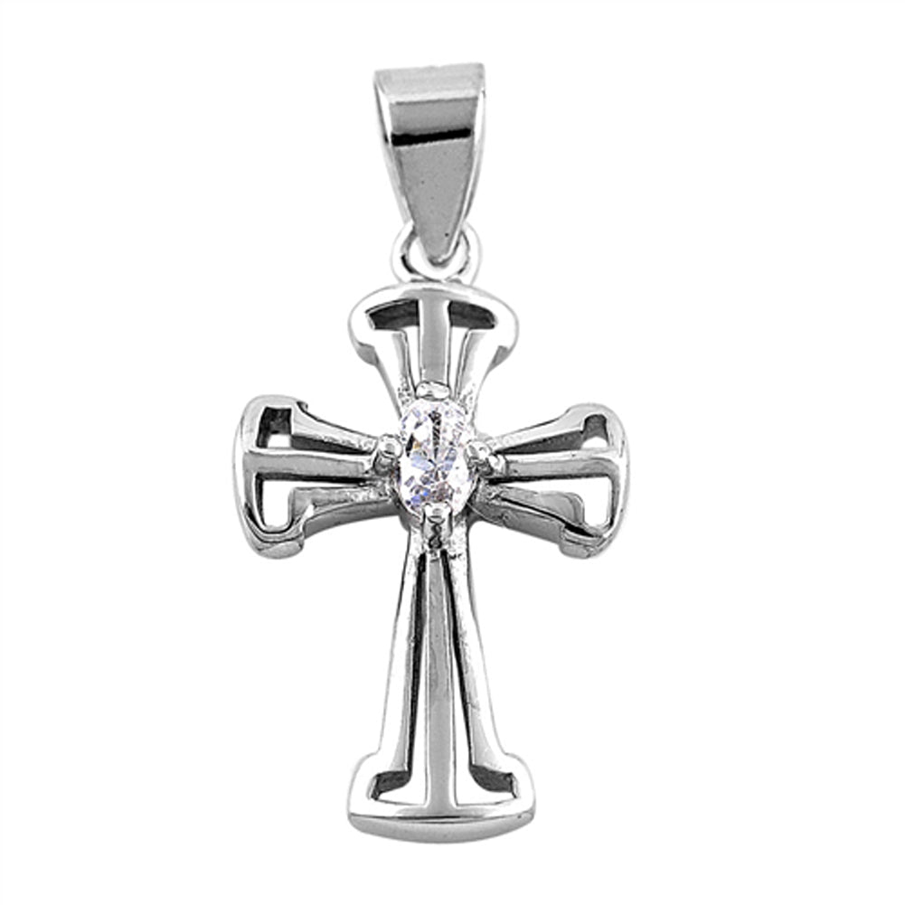 Cutout Simple Cross Pendant Clear Simulated CZ .925 Sterling Silver Open Charm