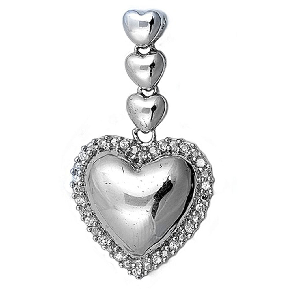 Sterling Silver High Polish Stacked Promise Heart Clear Simulated CZ Pendant