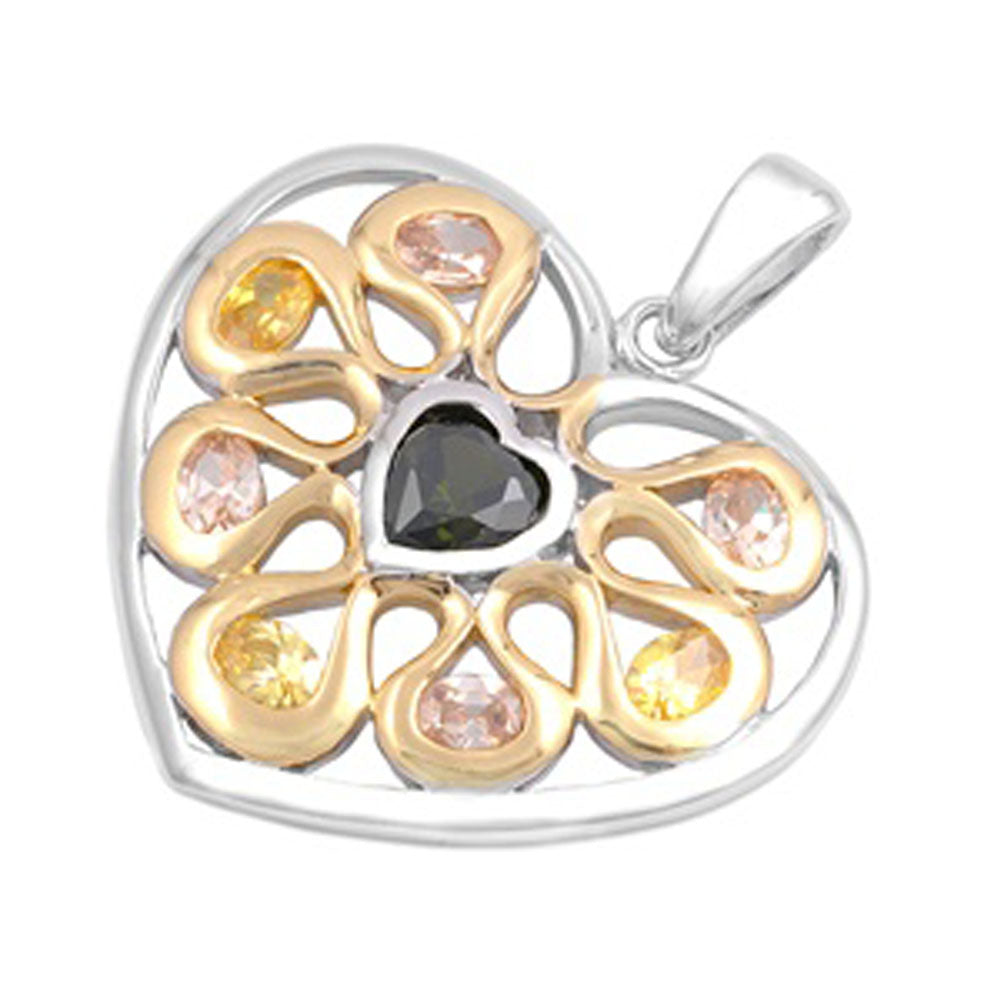 Gold-Tone Filigree Swirl Promise Heart Pendant .925 Sterling Silver Wave Charm