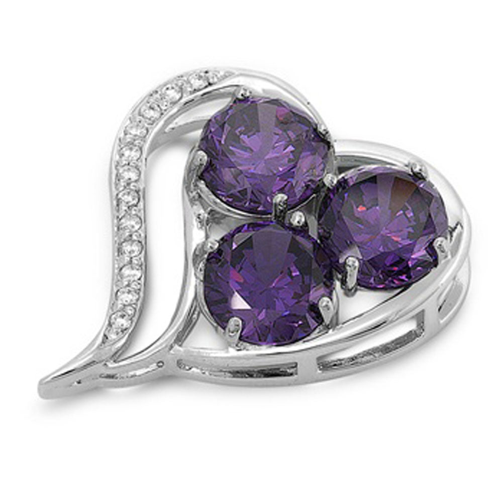 Studded Promise Heart Pendant Simulated Amethyst .925 Sterling Silver Charm