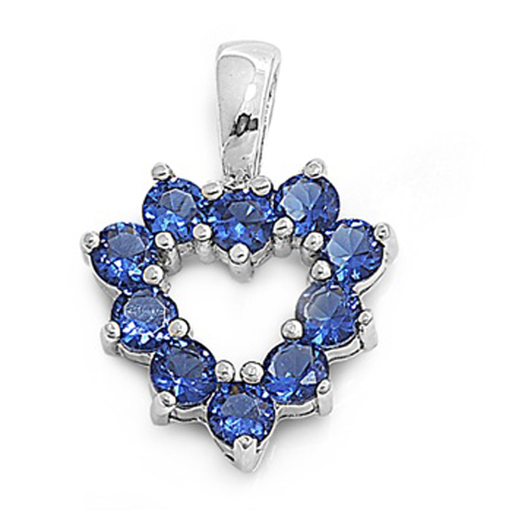Sterling Silver Pendant Elegant Studded Halo Heart Blue Simulated Sapphire Charm