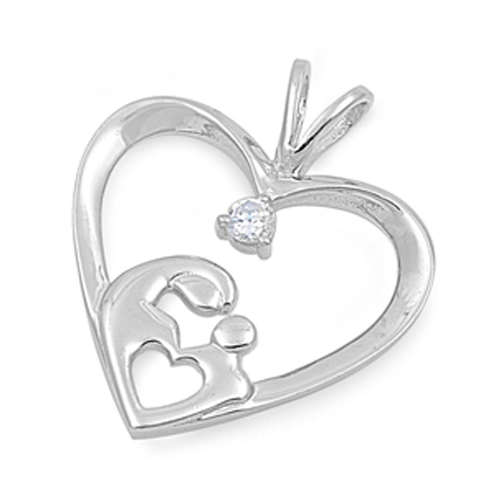 Sterling Silver High Polish Mother Slider Heart Pendant Clear Simulated CZ Charm