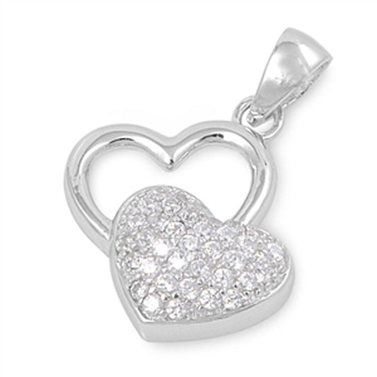 Sterling Silver Stacked Studded Double Heart Pendant Clear CZ Charm