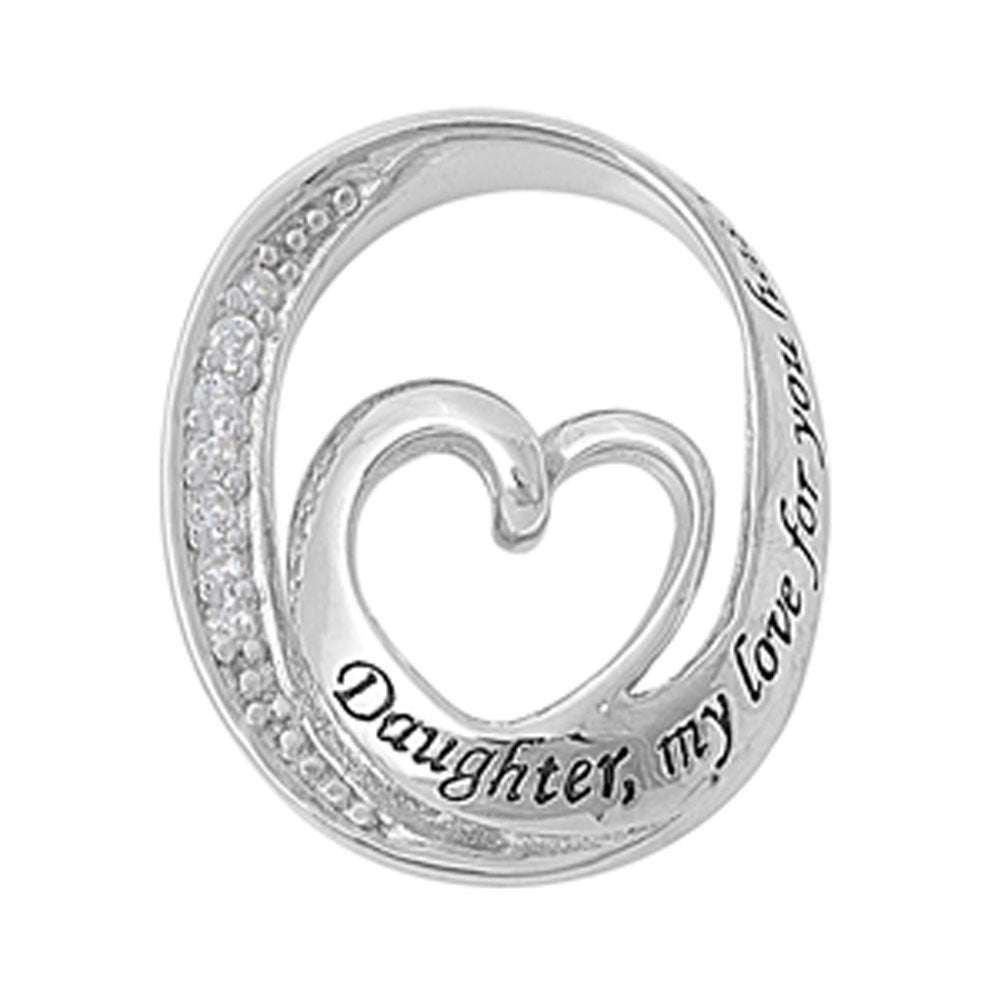 Sterling Silver Daughter Quote Promise Heart Pendant Clear CZ Charm