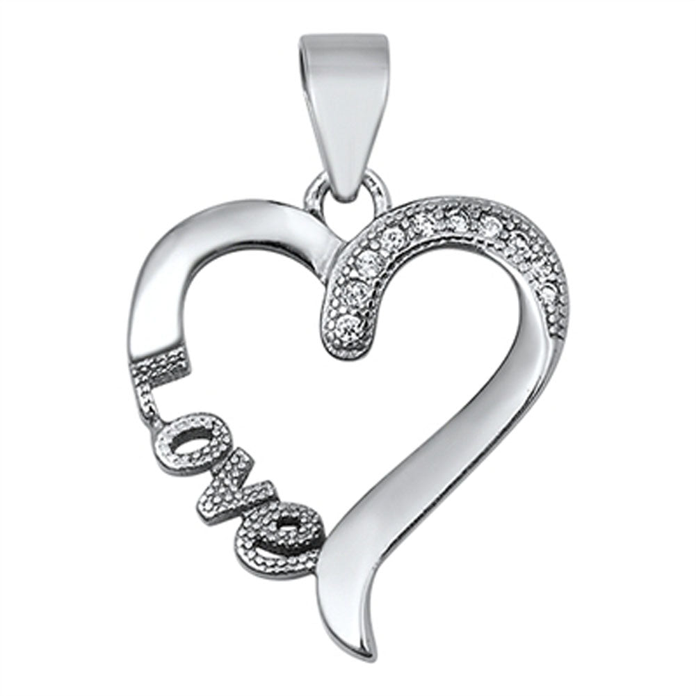 Sterling Silver Studded Love Promise Heart Pendant Clear Simulated CZ Charm