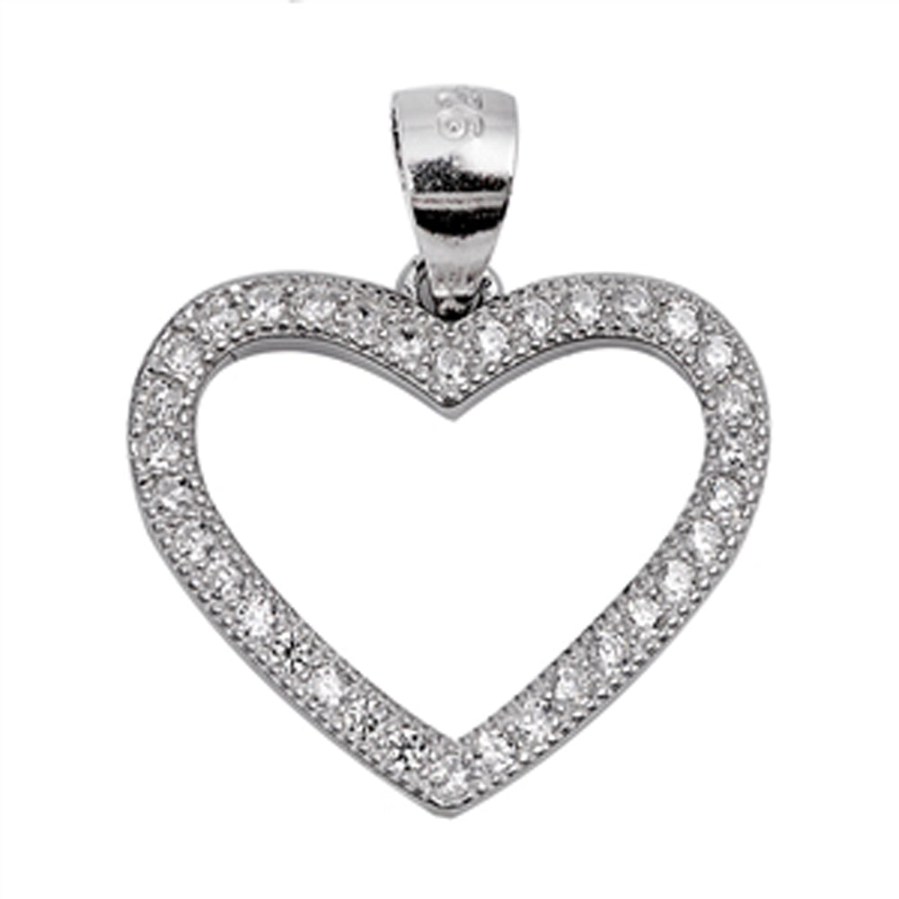 Sterling Silver Pendant Classic Studded Heart Outline Clear Simulated CZ Charm