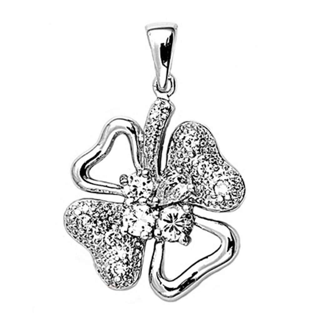 Sterling Silver Heart Elegant Studded Clover Pendant Clear Simulated CZ Charm