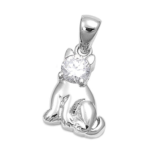 Animal Kitty Cat Pendant Clear Simulated CZ .925 Sterling Silver Cute Pet Charm