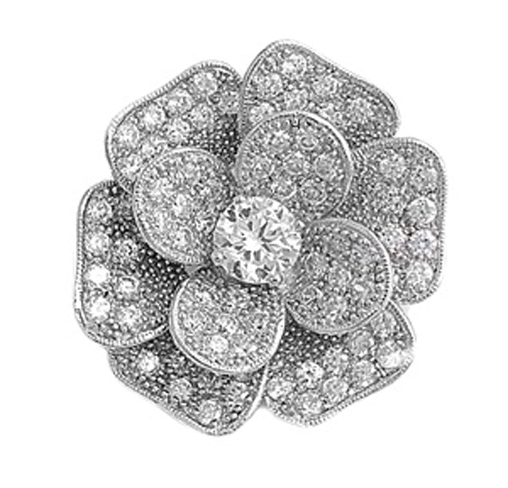 Sterling Silver Micro Pave Studded Flower Bloom Pendant Clear Simulated CZ Charm