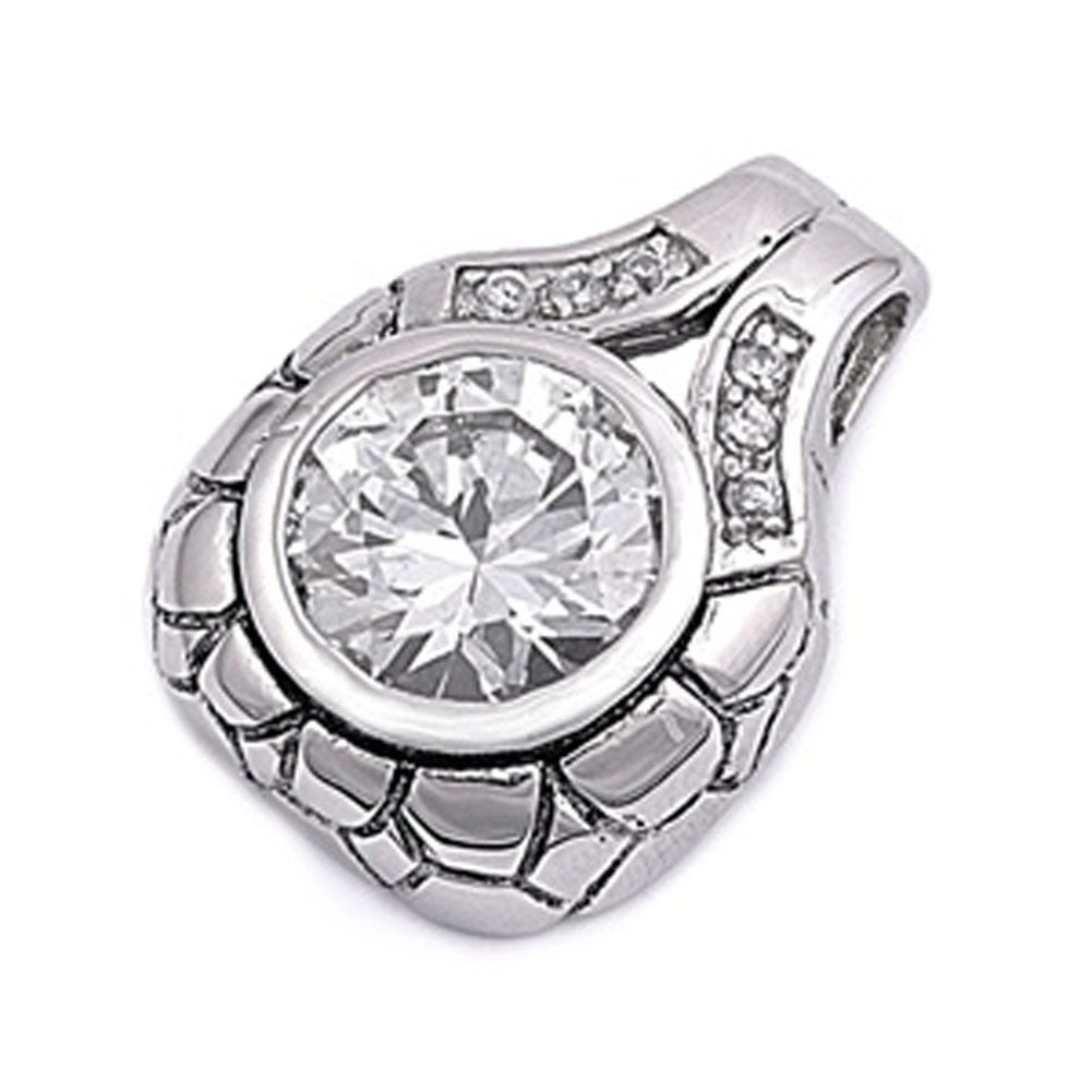 Etched Round Solitaire Pendant Clear Simulated CZ .925 Sterling Silver Charm