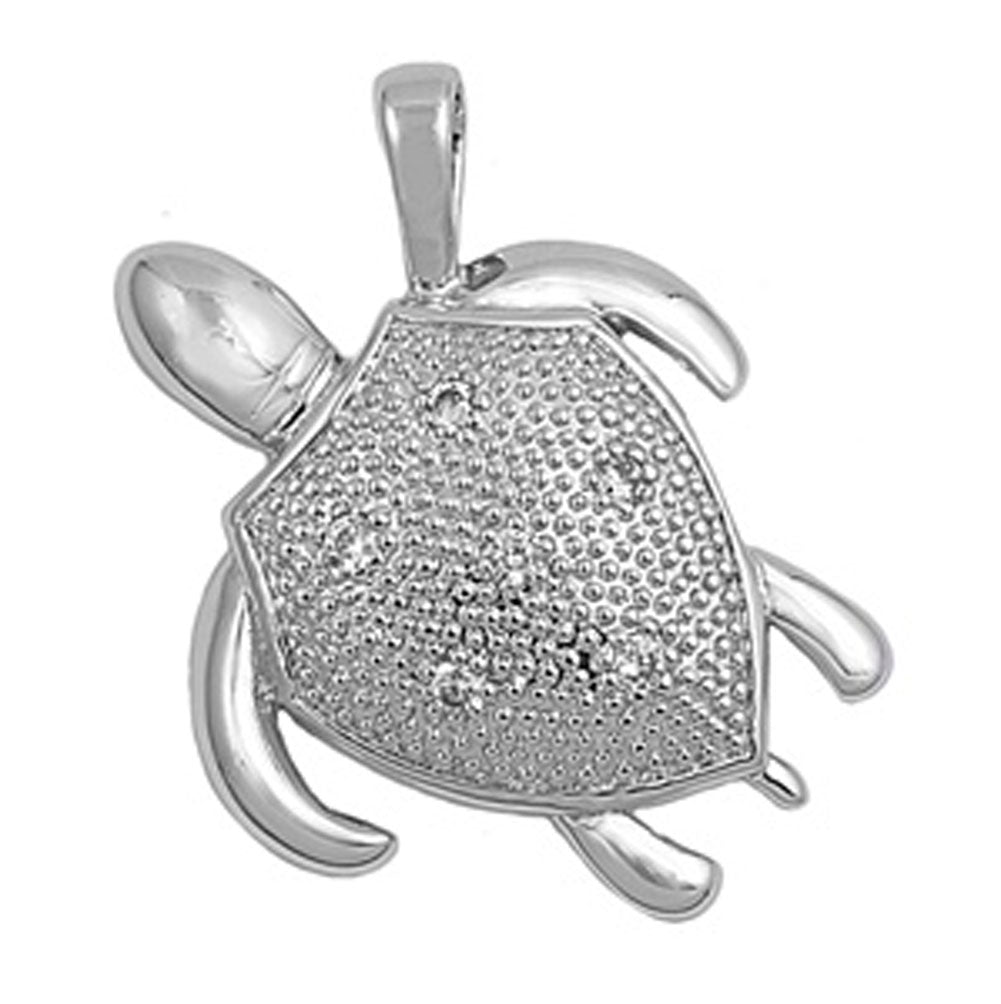 Sterling Silver Textured Turtle Shield Shell Pendant Clear Simulated CZ Charm