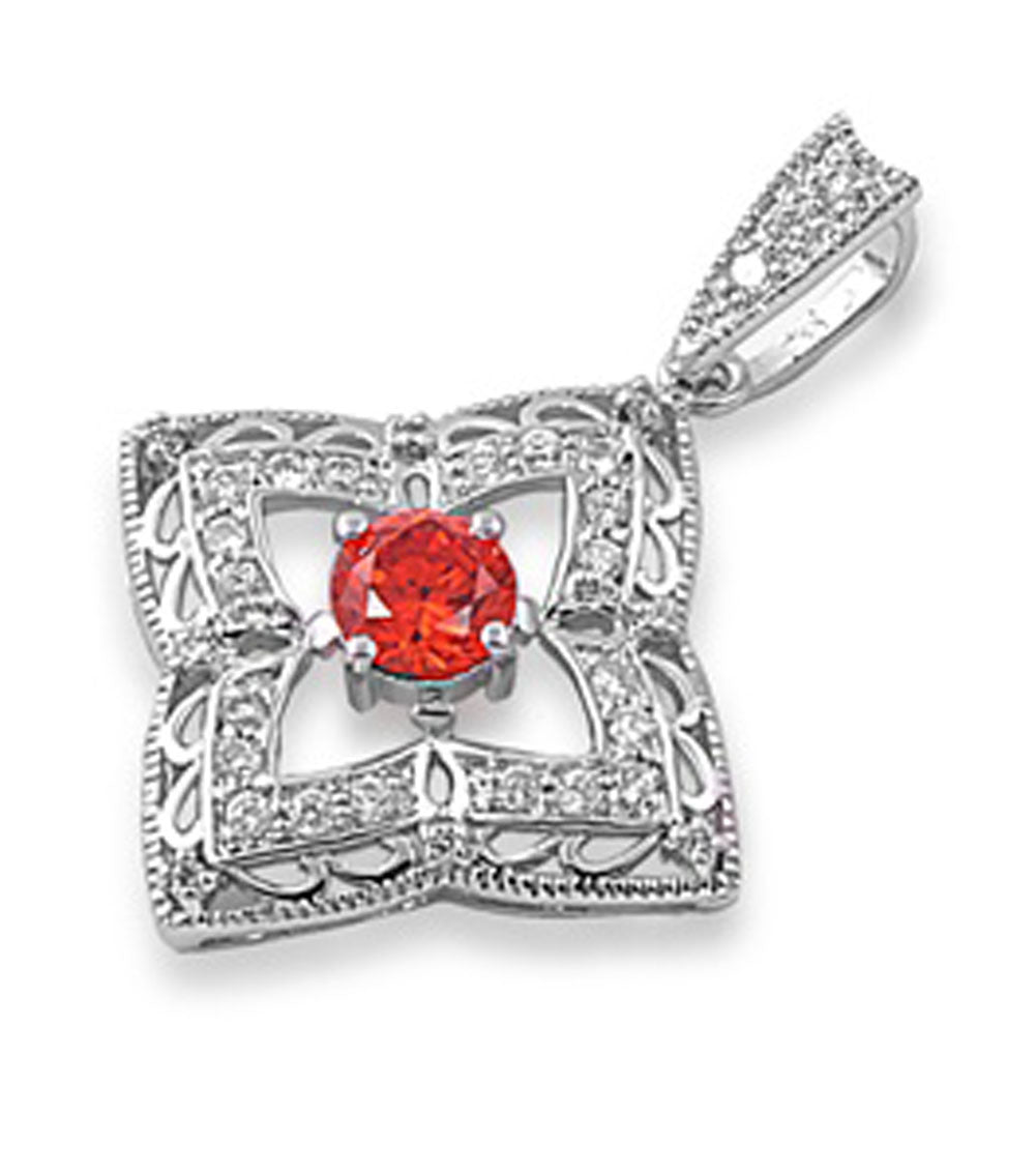 Ornate Spanish Style Star Pendant Simulated Ruby .925 Sterling Silver Charm