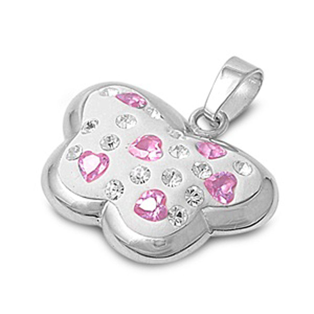 Mosaic Cute Butterfly Heart Pendant Pink Simulated CZ .925 Sterling Silver Charm