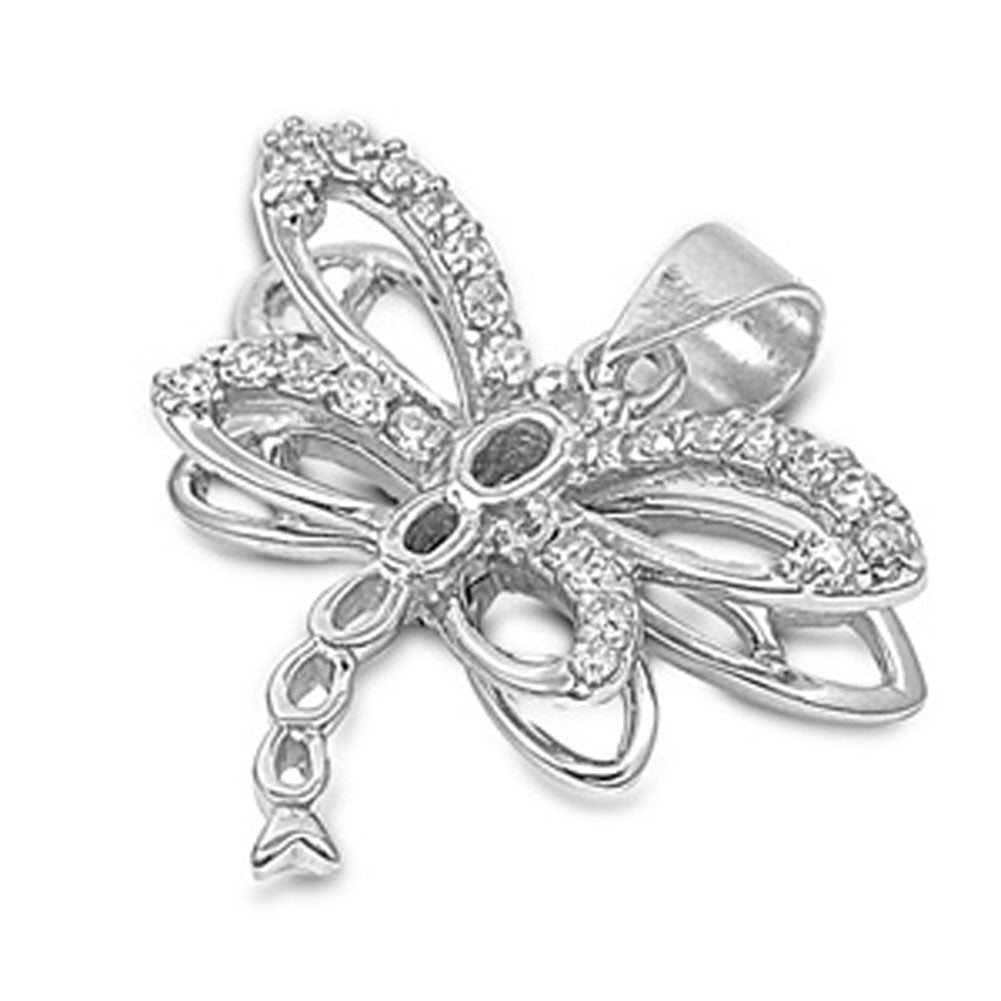 Ornate Dragonfly Pendant Clear Simulated CZ .925 Sterling Silver Studded Charm