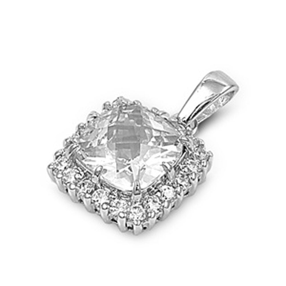 Elegant Square Pendant Clear Simulated CZ .925 Sterling Silver Halo Charm