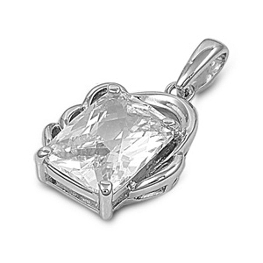 Sterling Silver Classic Scalloped Rectangle Clear CZ Pendant Charm