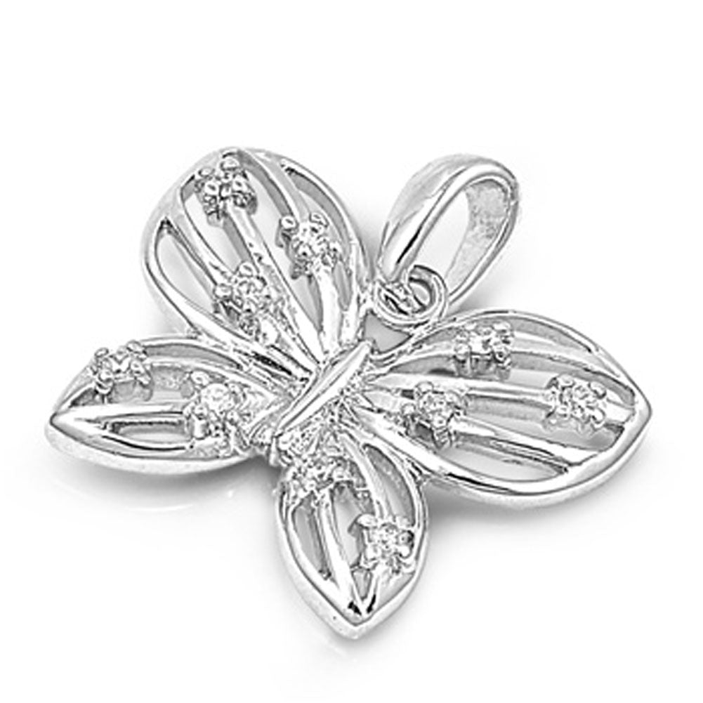 Sterling Silver Rounded Leaf Wing Cute Butterfly Pendant Clear Simulated CZ