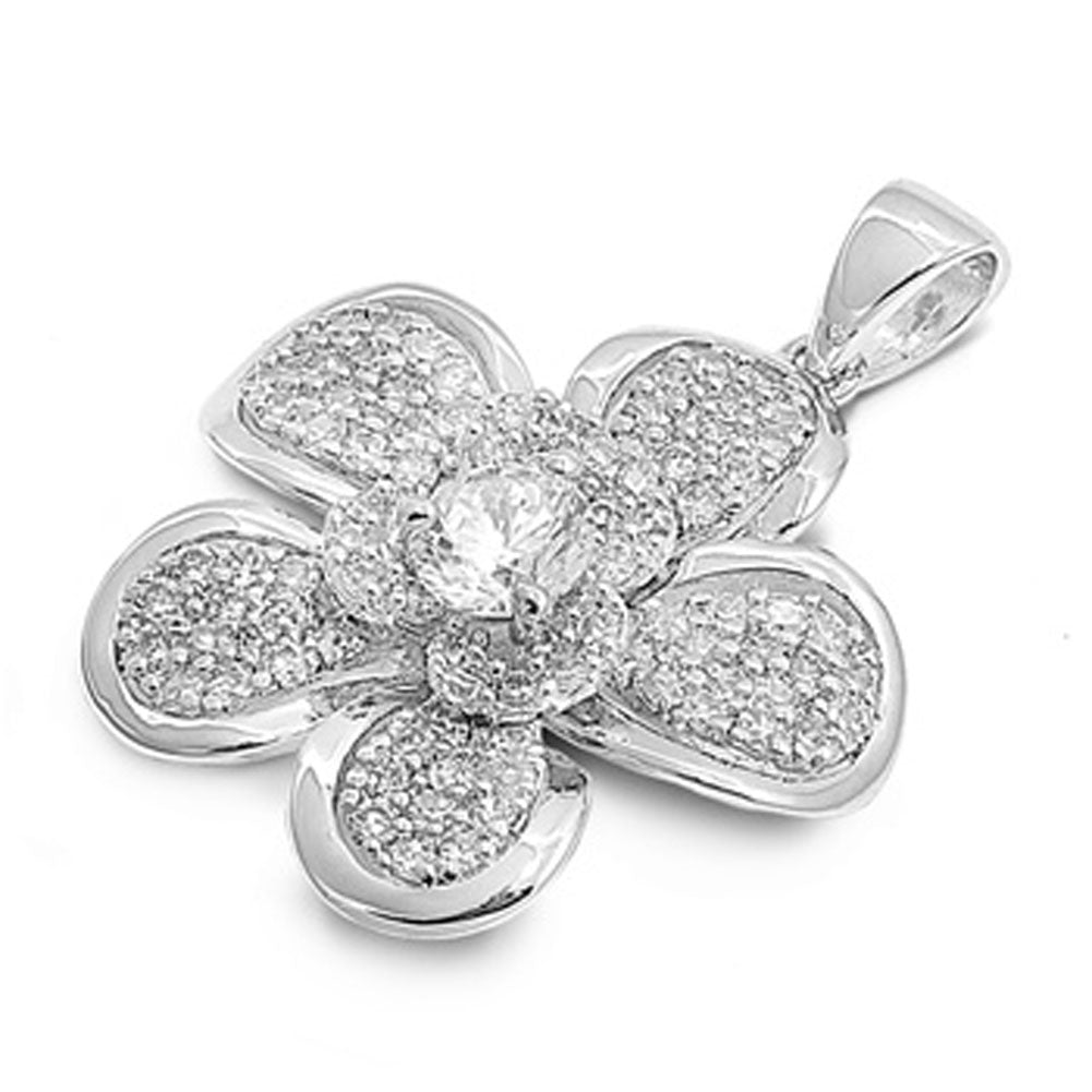 Studded Double Plumeria Pendant Clear Simulated CZ .925 Sterling Silver Charm