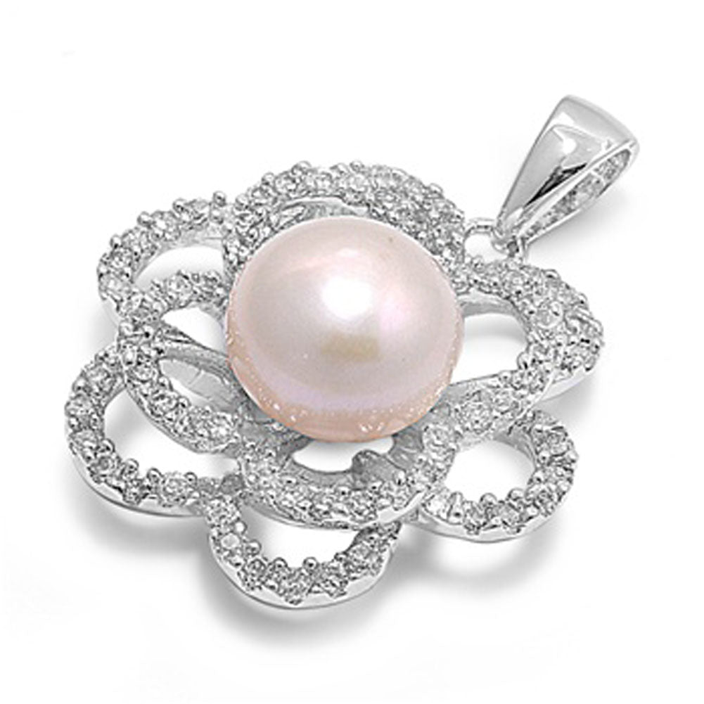 Simple Double Flower Pendant Simulated Pearl .925 Sterling Silver Outline Charm