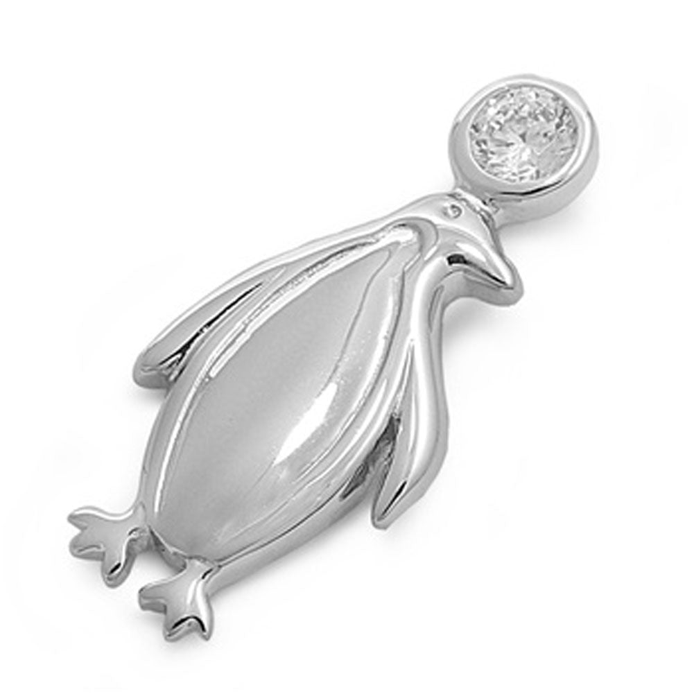 Sterling Silver Solitaire Cute Shiny Penguin Pendant Clear Simulated CZ Charm
