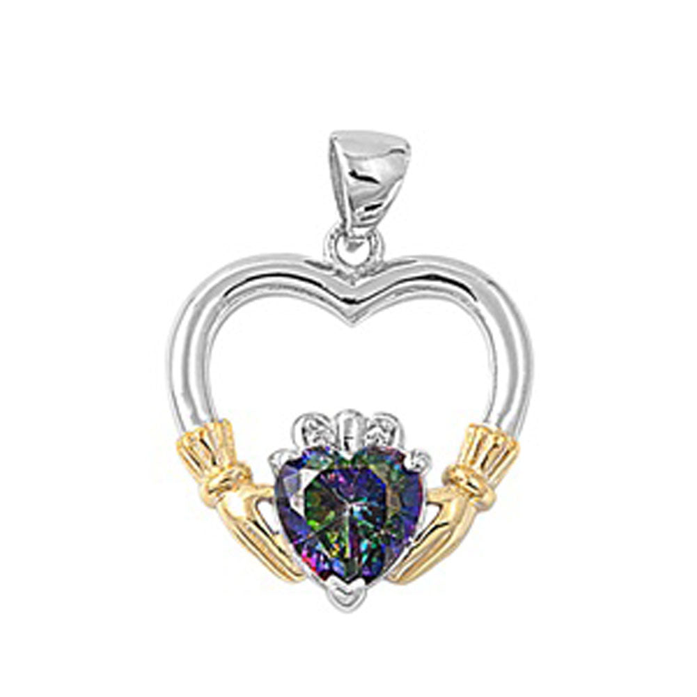 Sterling Silver Heart Gold-Tone Claddagh Pendant Rainbow Simulated Topaz Charm
