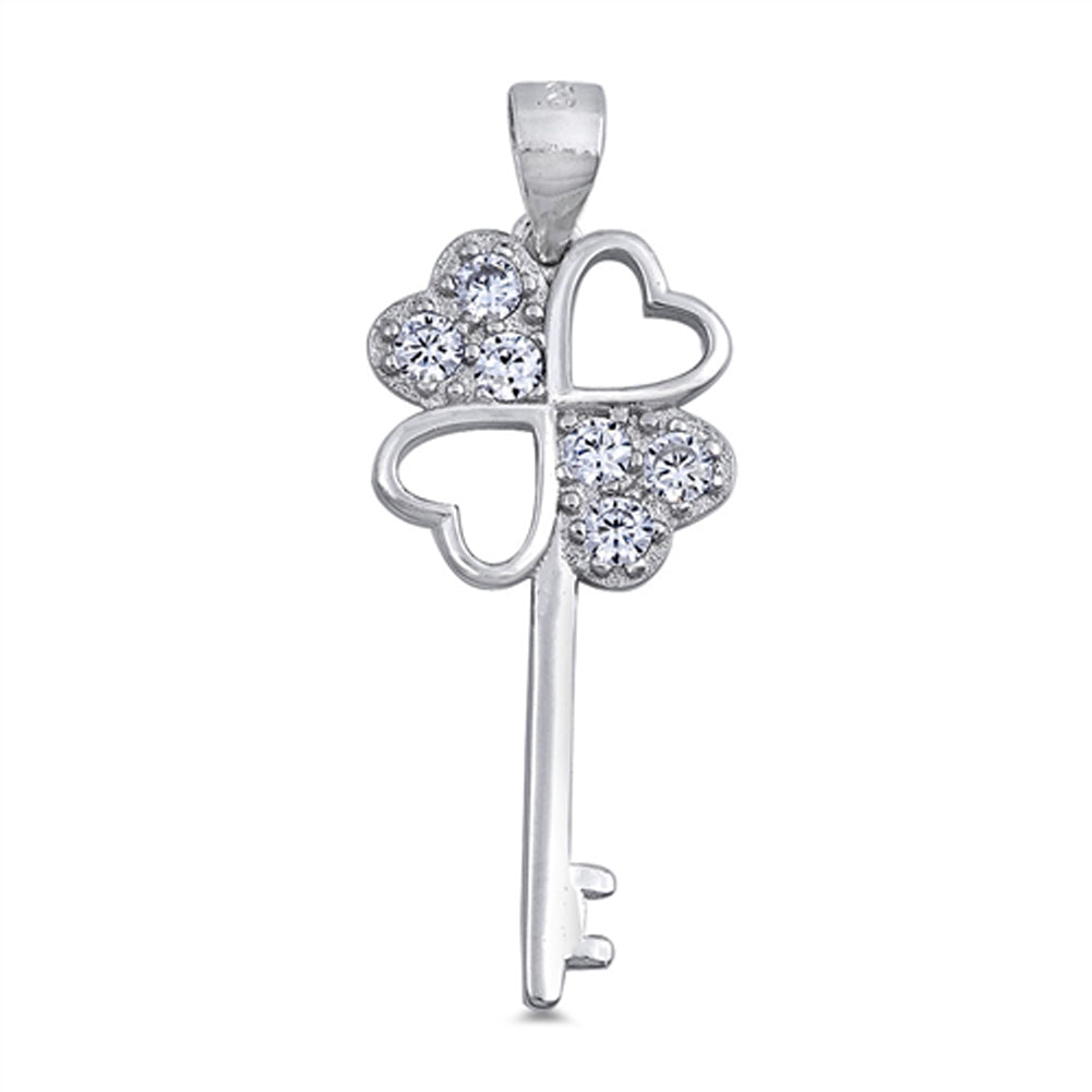 Sterling Silver Shamrock Skeleton Key Promise Clear Simulated CZ Pendant Charm