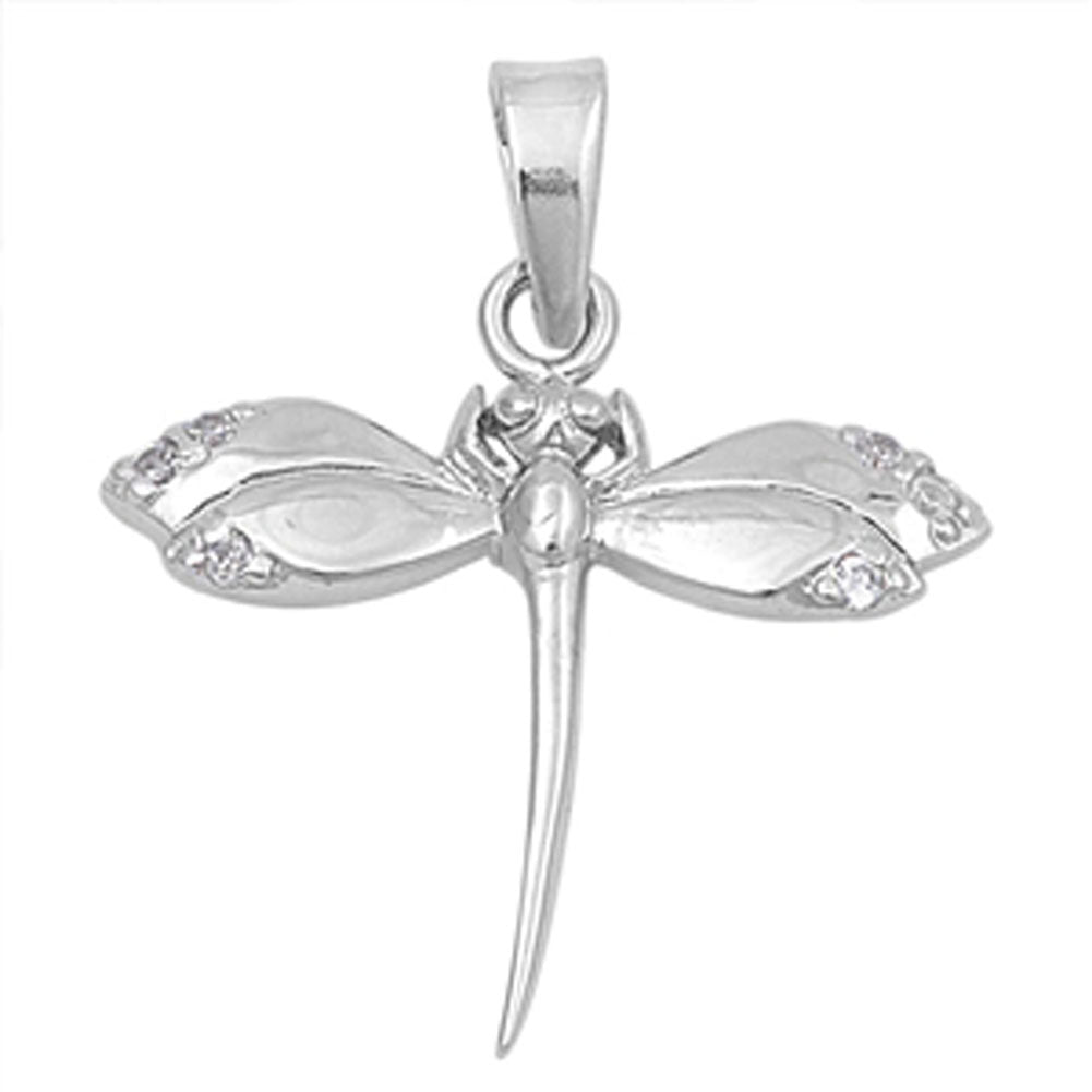 Sterling Silver Simple High Polish Dragonfly Pendant Clear CZ Charm