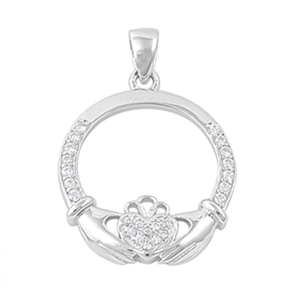 Elegant Celtic Claddagh Clear Simulated CZ Pendant .925 Sterling Silver Charm