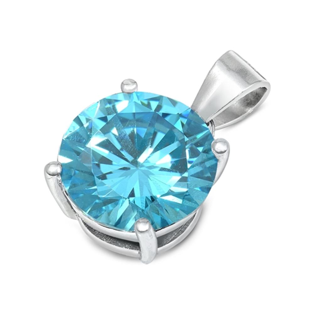 Solitaire Simple Circle Pendant Simulated Aquamarine .925 Sterling Silver Charm