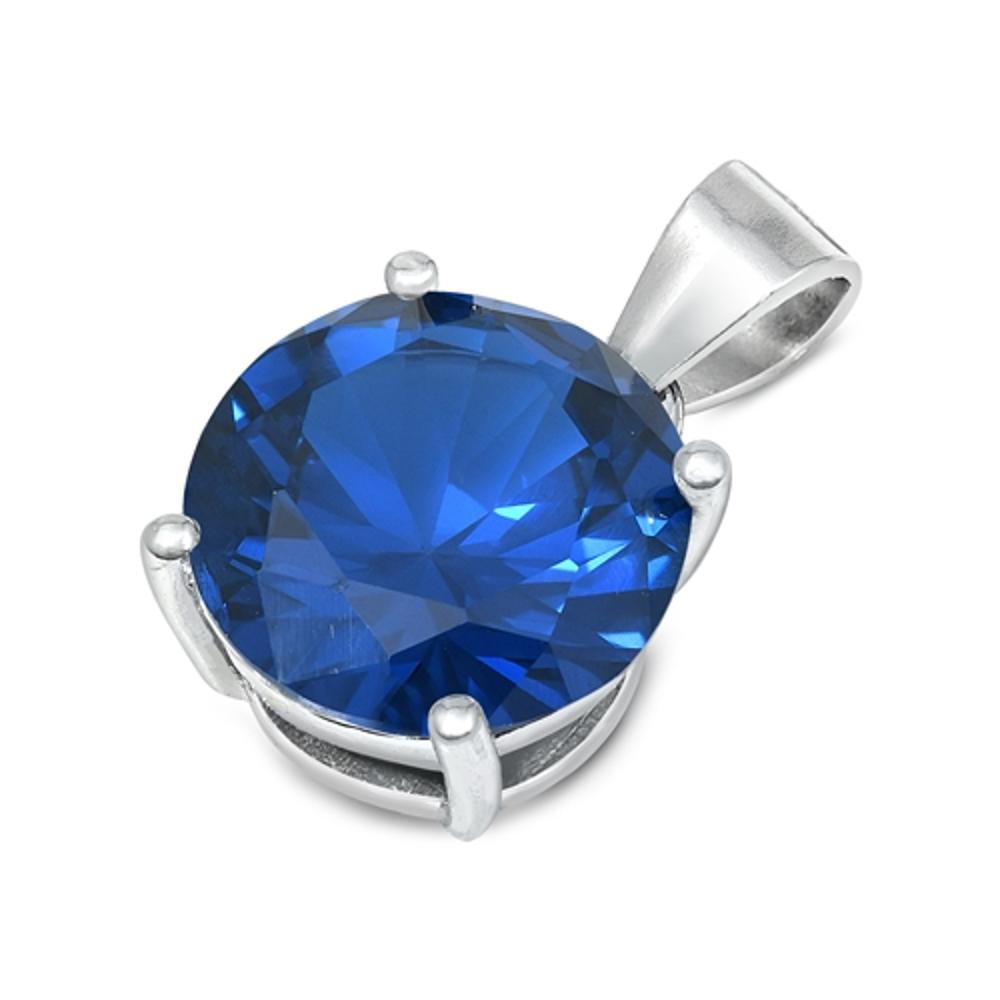 Sterling Silver Solitaire Simple Circle Pendant Blue Simulated Sapphire Charm