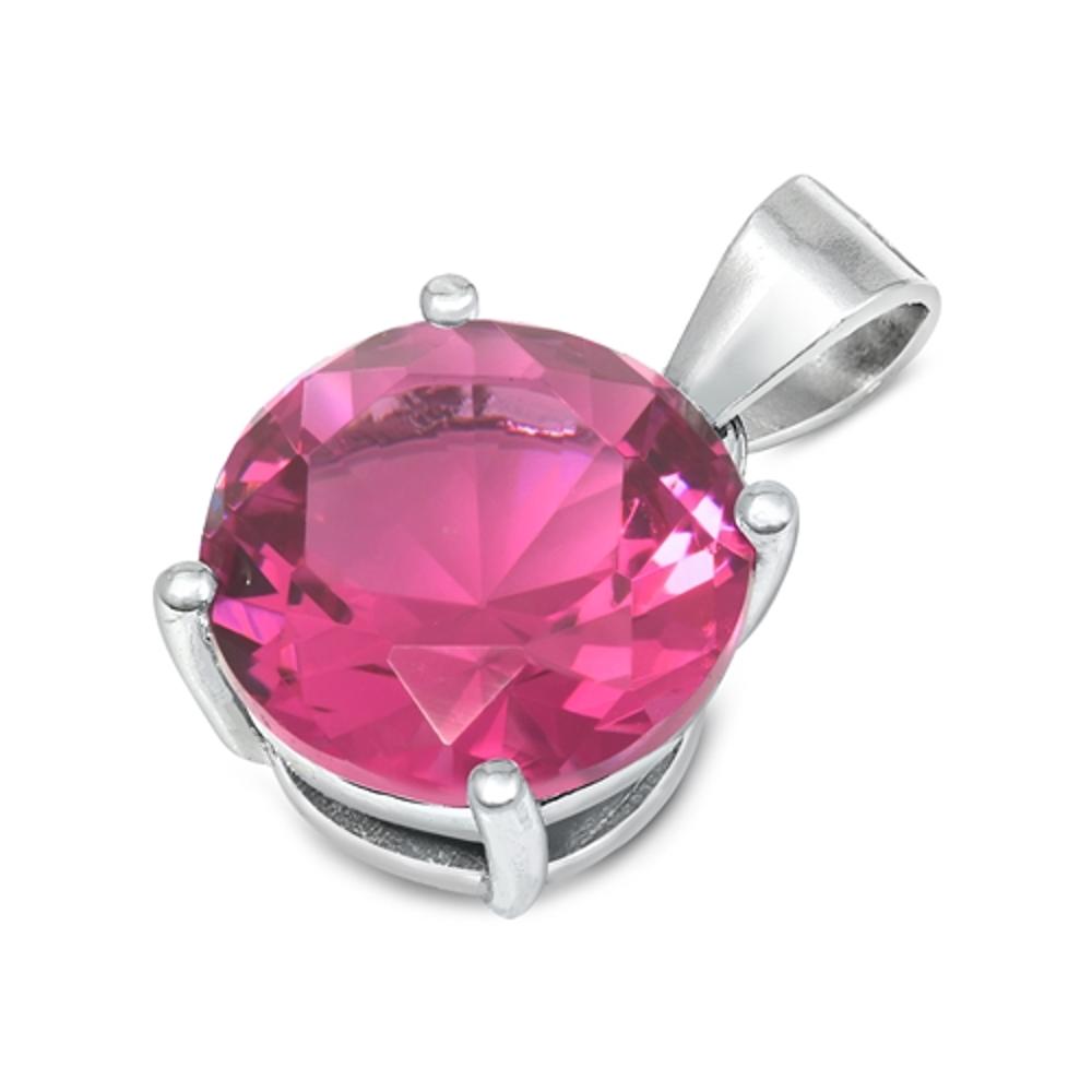 Solitaire Basic Circle Pendant Rose Pink Simulated CZ .925 Sterling Silver Charm