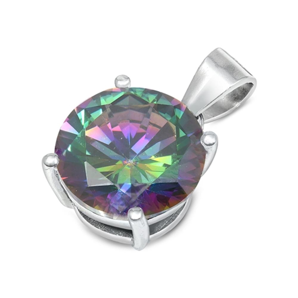 Sterling Silver Solitaire Simple Round Pendant Rainbow Simulated Topaz Charm