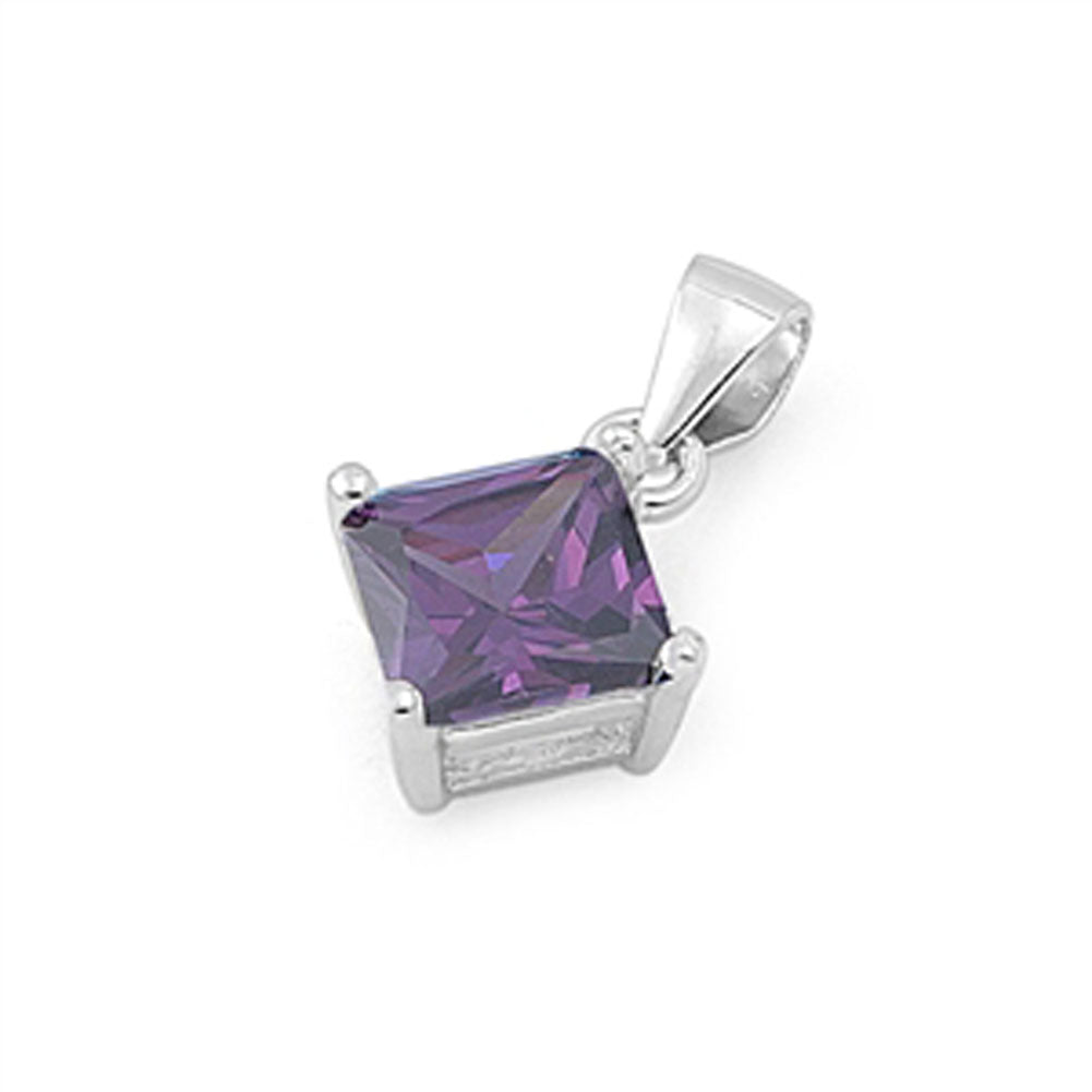 Solitaire Simple Square Pendant Simulated Amethyst .925 Sterling Silver Charm