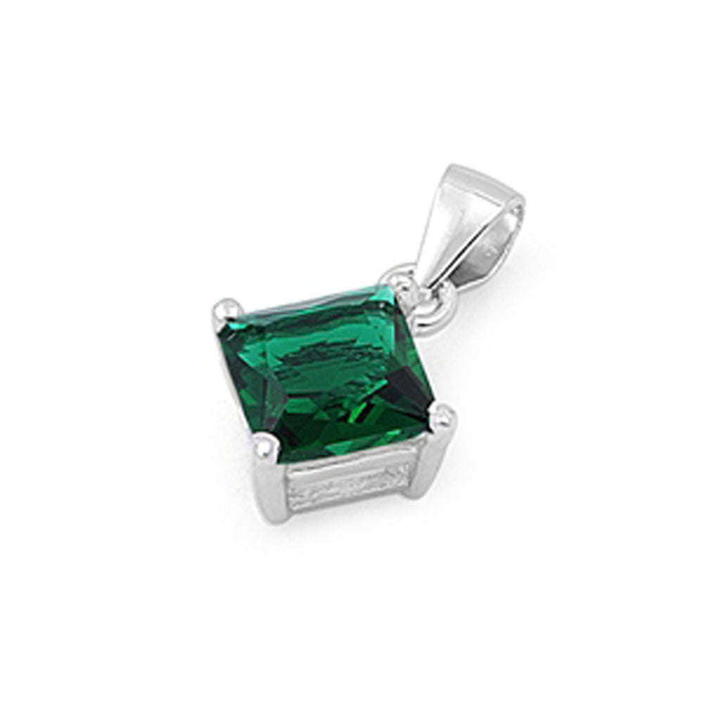 Sterling Silver Solitaire Simple Fashion Square Pendant Simulated Emerald Charm