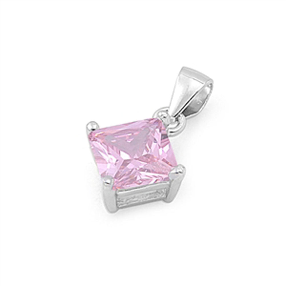 Solitaire Simple Square Pendant Pink Simulated CZ .925 Sterling Silver Charm