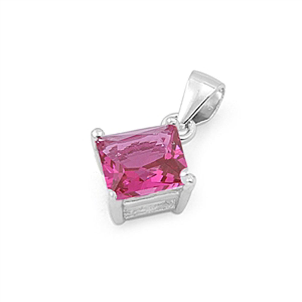 Solitaire Simple Square Pendant Simulated Ruby .925 Sterling Silver Plain Charm