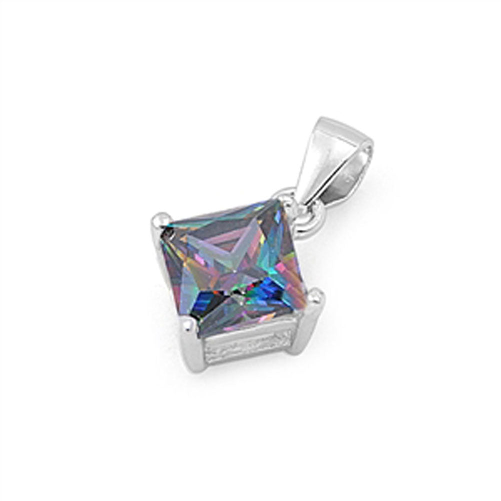Sterling Silver Solitaire Simple Square Pendant Rainbow Simulated Topaz Charm