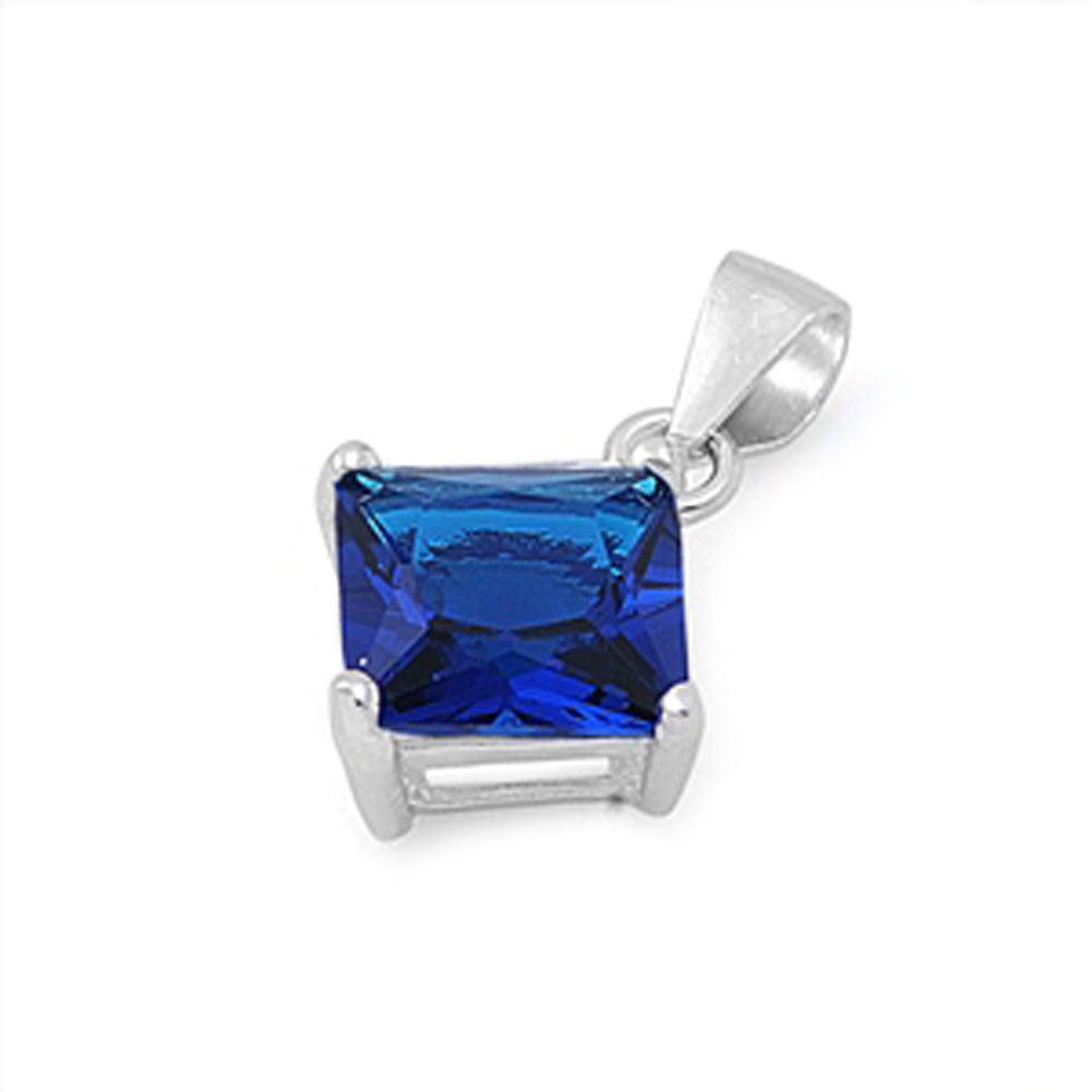 Sterling Silver Solitaire Simple Square Pendant Blue Simulated Sapphire Charm