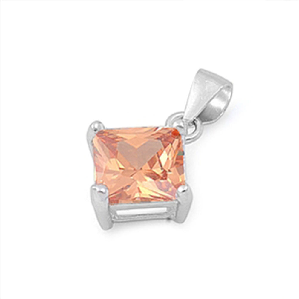 Sterling Silver Simple Classic Square Plain Champagne Simulated CZ Pendant Charm