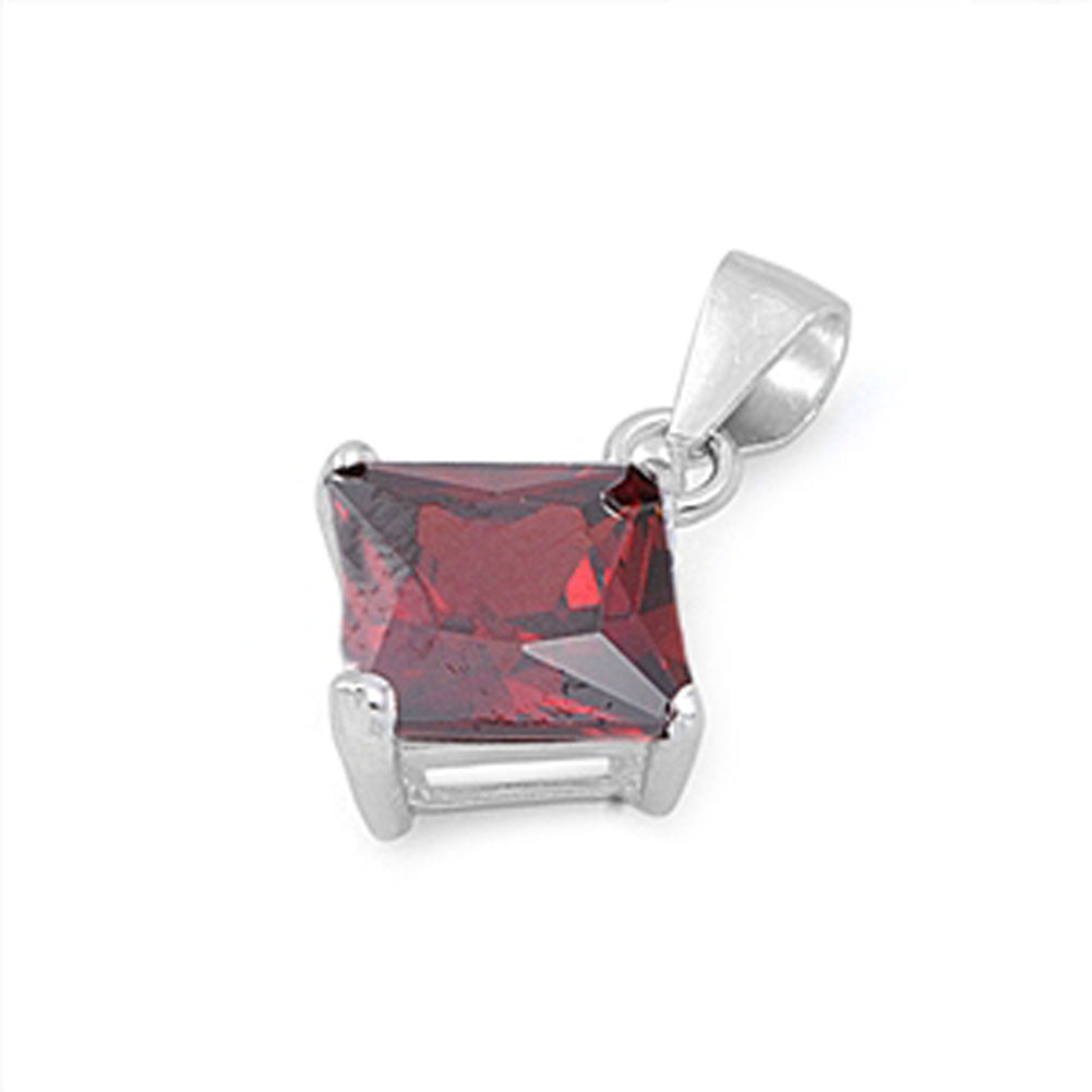 Solitaire Plain Square Pendant Simulated Garnet .925 Sterling Silver Charm