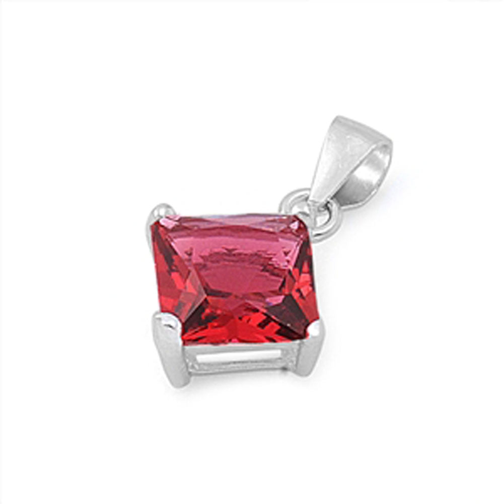 Sterling Silver Solitaire Simple Square Pendant Rose Pink Simulated CZ Charm