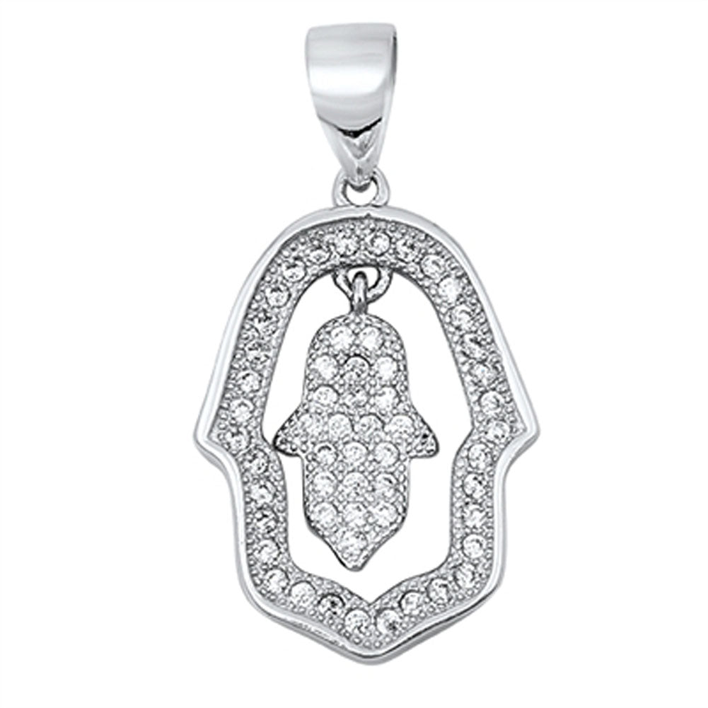 Hamsa Hand of God Dangle Pendant Clear Simulated CZ .925 Sterling Silver Charm